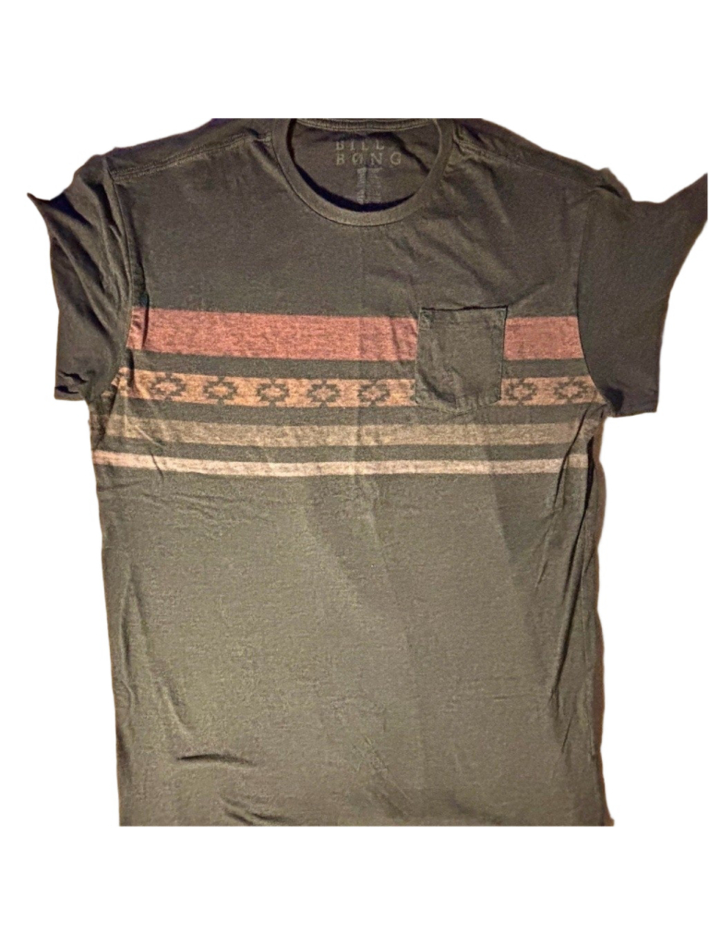 Billabong T-Shirt Mens Size L Grey Aztec Tribal Stripe Pocket Crew Neck